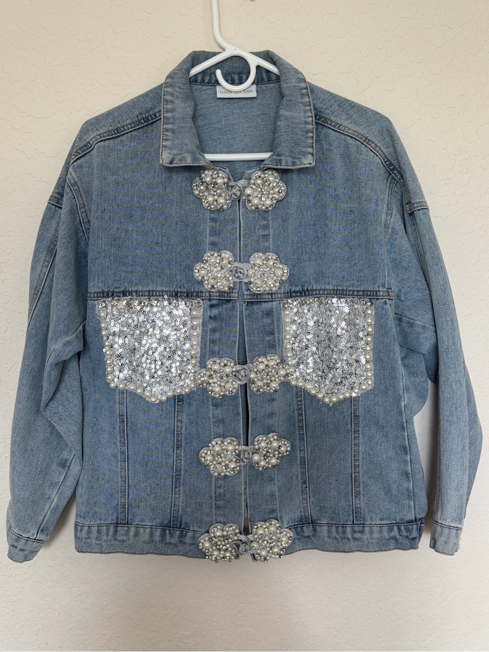 Rare Pearl Sequin Oversized Denim Statement Jacket